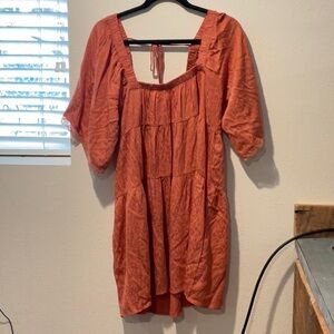 Orange Mini Sundress with Puff Sleeves and Scoop Neck